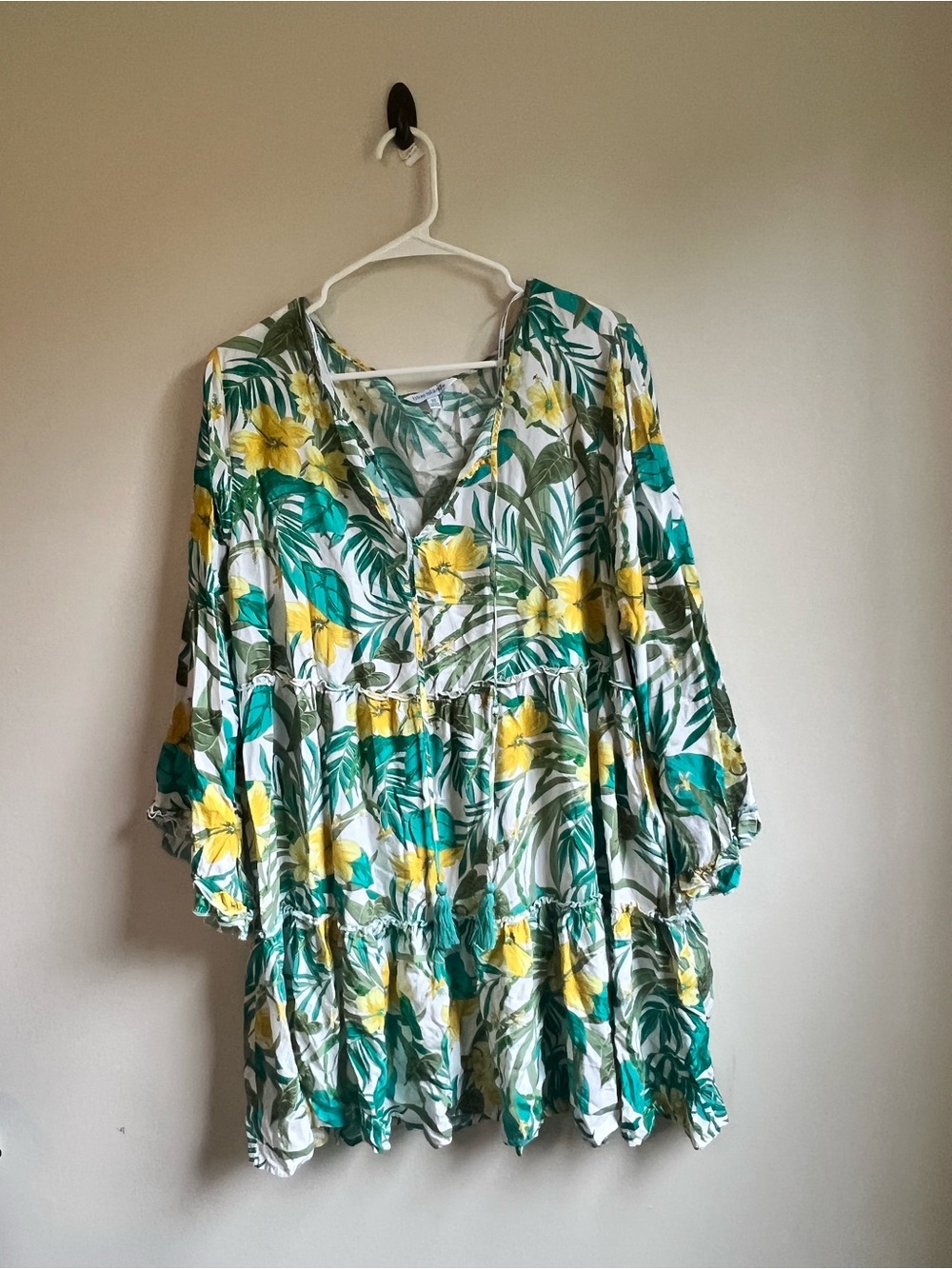 blue island Floral Tiered Long Sleeve Tunic Dress in Green and Yellow